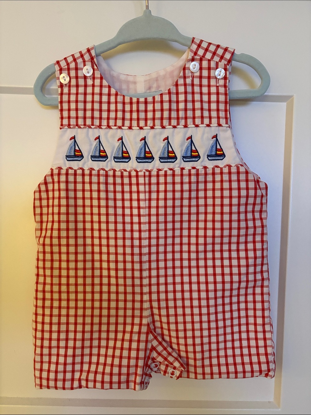 Smockingbird Red Gingham Sailboat Smocked Baby Romper 6 Month